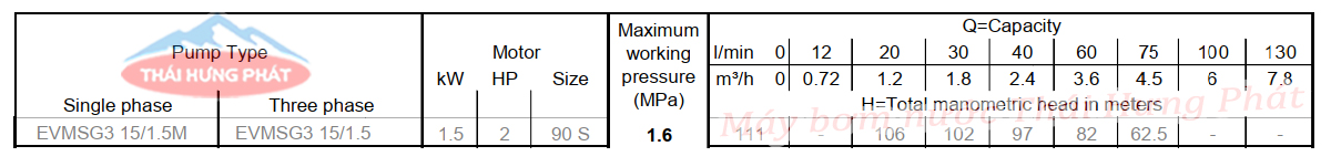 Máy bơm trục đứng Ebara EVMSG 3 15F5 Q1BEG E/1.5 2HP
