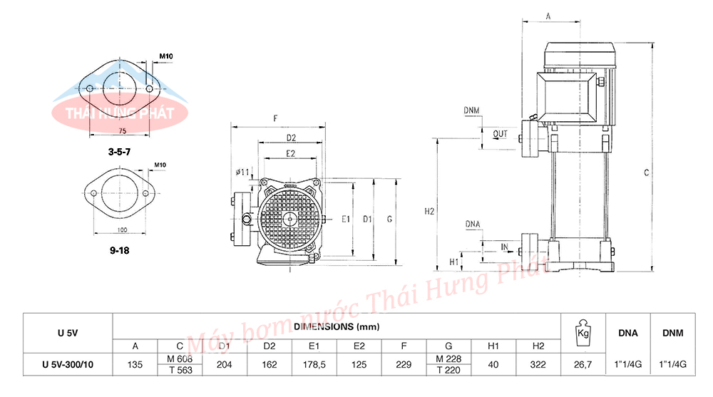 Máy bơm trục đứng Pentax U5V-300/10T 3HP