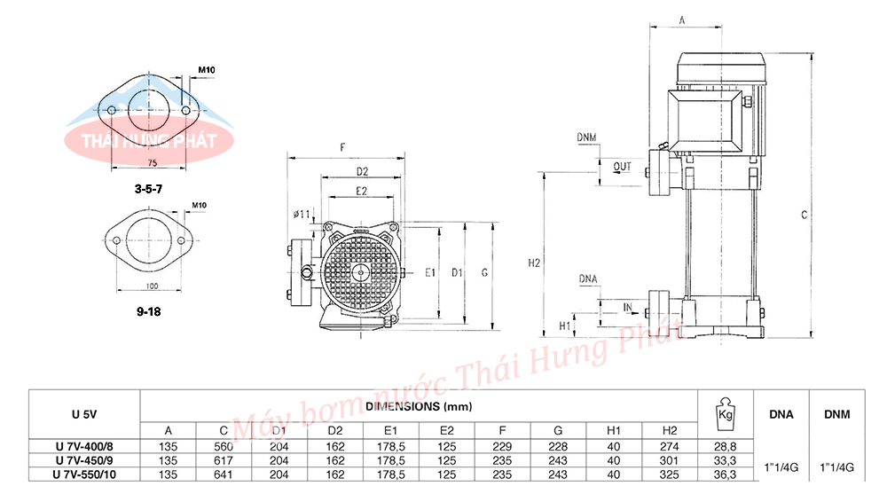 Máy bơm trục đứng Pentax U7V-550/10T 5.5HP