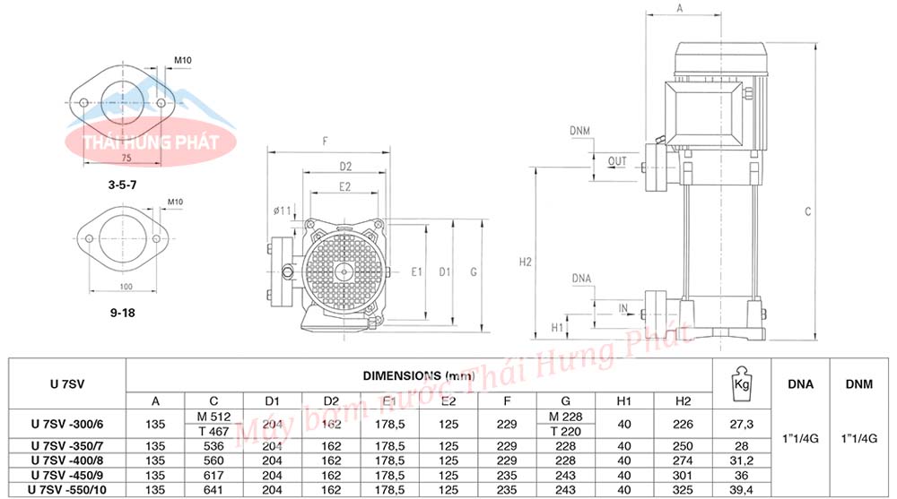 Máy bơm trục đứng Pentax U7SV-550/10T 5.5HP