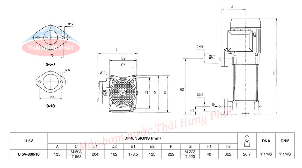 Máy bơm trục đứng Pentax U5V-300/10T 3HP